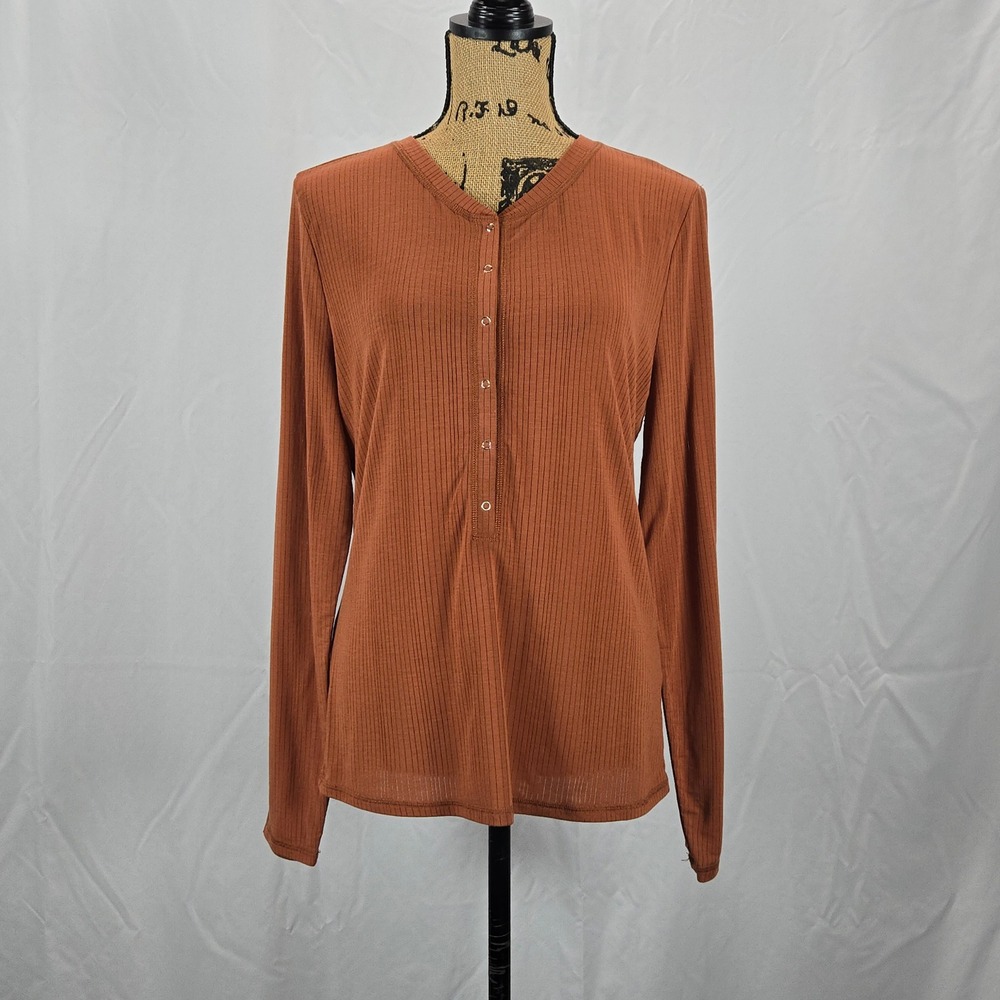 Anthropologie‎ Women Soft Ribbed Henley L Rust Terracotta Long Sleeve Minimalist
